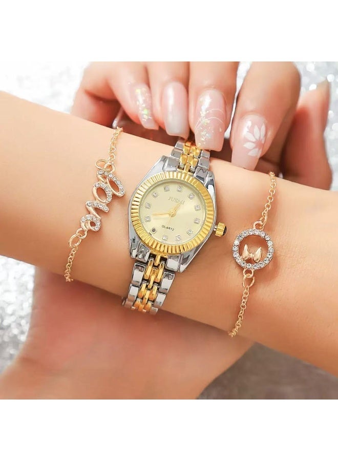 Jusen Luxury Women's Watch Gift Set - Gold and Silver Stainless Steel Quartz Watch with 2 Crystal Bands, Elegant Jewelry Gift Box for Birthdays and Anniversary - Image 2