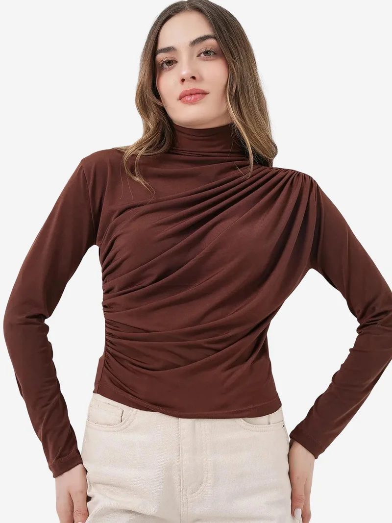 Big Dart Mocha Brown BDART Fitted Turtleneck Blouse with Drape Detail for Women | Best Price UAE