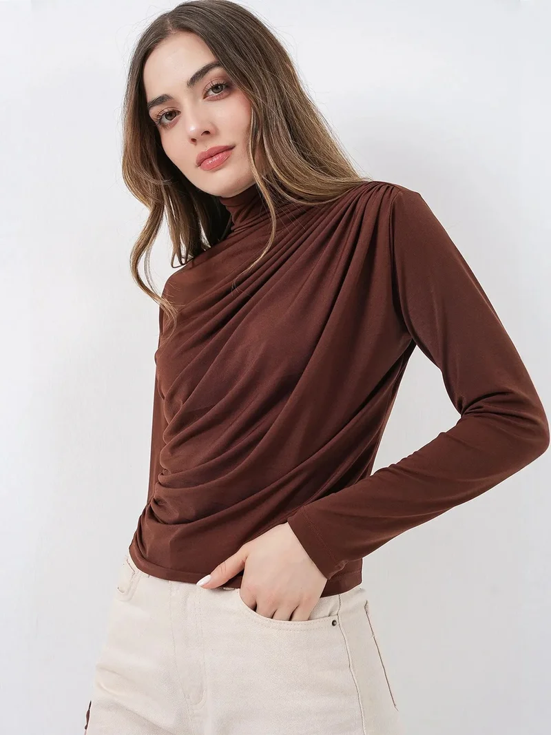 Big Dart Mocha Brown BDART Fitted Turtleneck Blouse with Drape Detail for Women | Best Price UAE