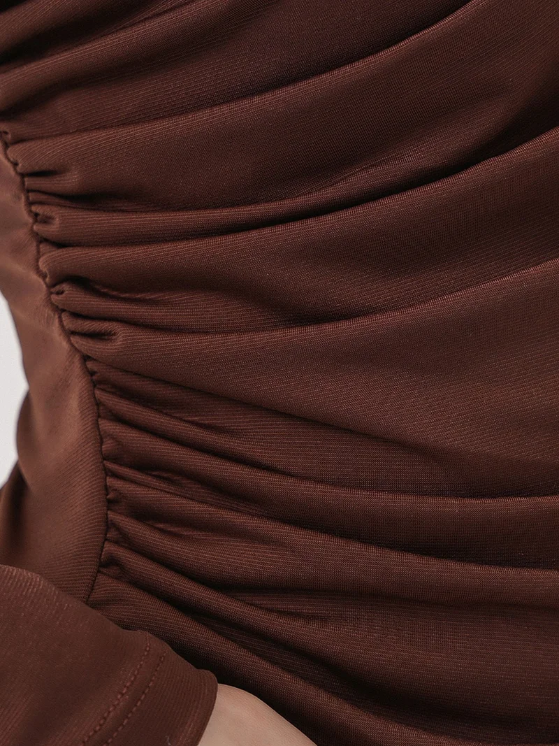 Big Dart Mocha Brown BDART Fitted Turtleneck Blouse with Drape Detail for Women | Best Price UAE