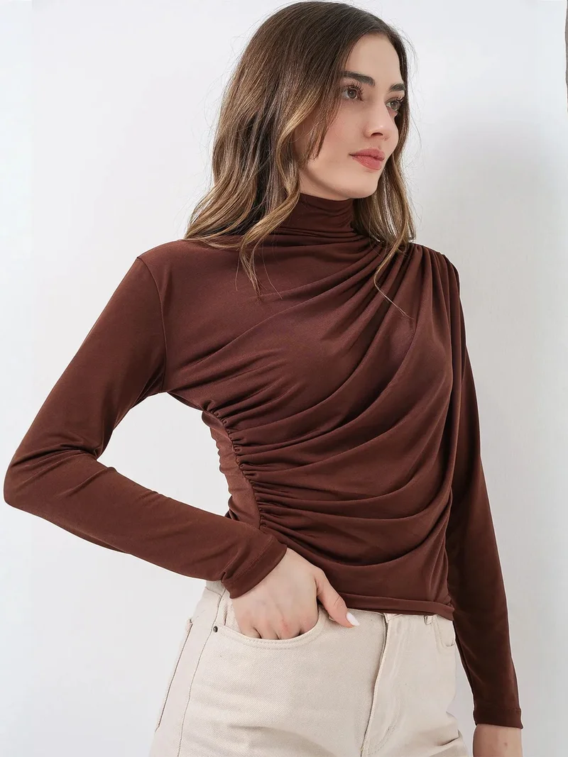 Big Dart Mocha Brown BDART Fitted Turtleneck Blouse with Drape Detail for Women | Best Price UAE