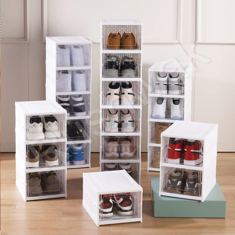 Rushwak Foldable Shoe Rack Organizers 5 Tier for Closet Plastic Shoe Storage Box Space Saving For Entryway Large Sturdy Stackable Transparent Shoe Rack