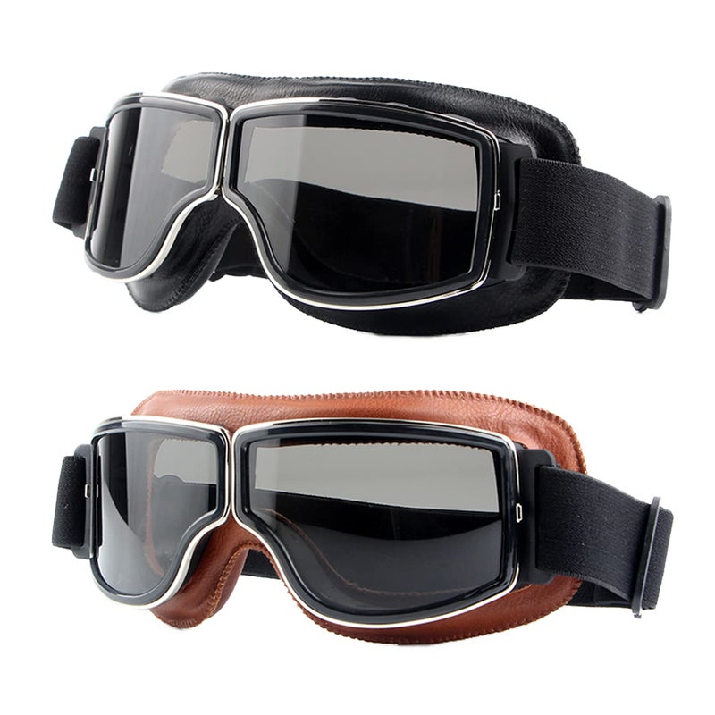 LJDJ Motorcycle Goggles2 Pack Vintage Anti Fog Pilot PU Leather Glasses Dustproof ATV Off Road Motorbike Helmet Eyewear Protect for Ridding Motorcross Classes Aviator Goggles for Men Women Adult