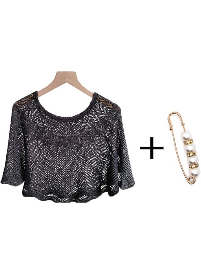 SUNSAR Knitted Sun-Proof Shawl with Pearl Pin Ice Silk Shawl for Women Summer Hollow-Out Knit Shawls Wraps, Women Open Knit Top - Image 3