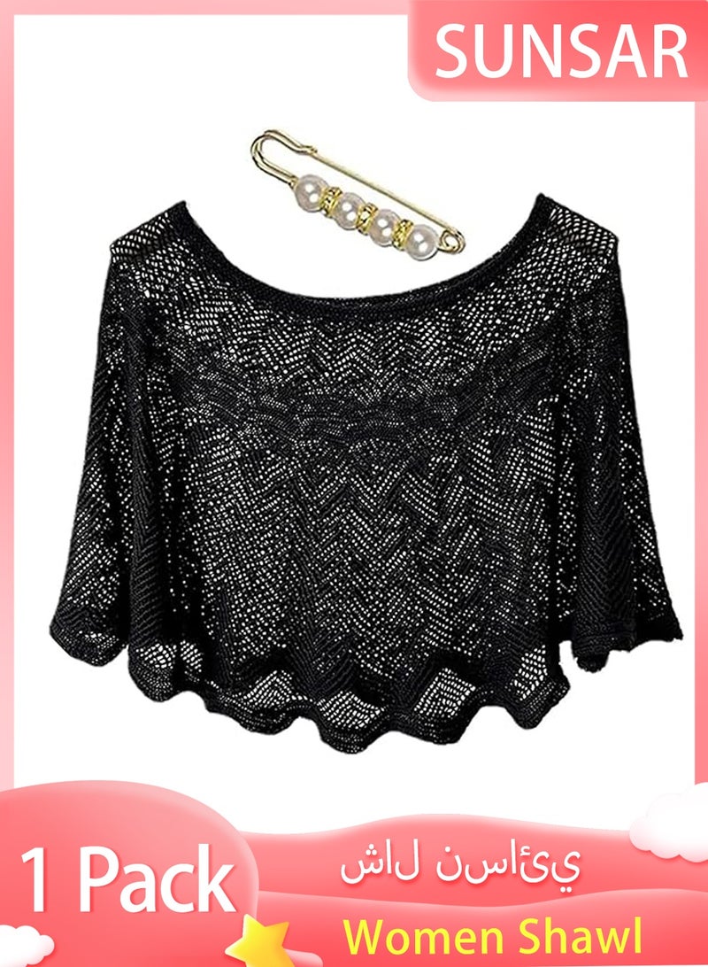 SUNSAR Knitted Sun-Proof Shawl with Pearl Pin Ice Silk Shawl for Women Summer Hollow-Out Knit Shawls Wraps, Women Open Knit Top - Image 1