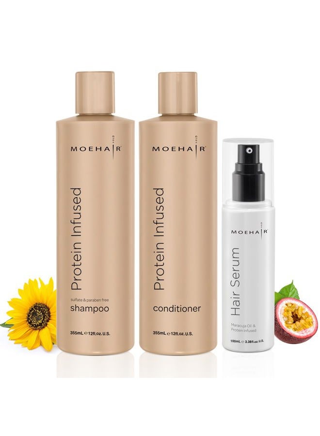 Moehair Protein Infused Shampoo and Conditioner with Hair Serum Pack | Sulfate and Paraben Free Shampoo | Revitalize Dull, Weak and Damaged Hair | Made in the USA - Image 1