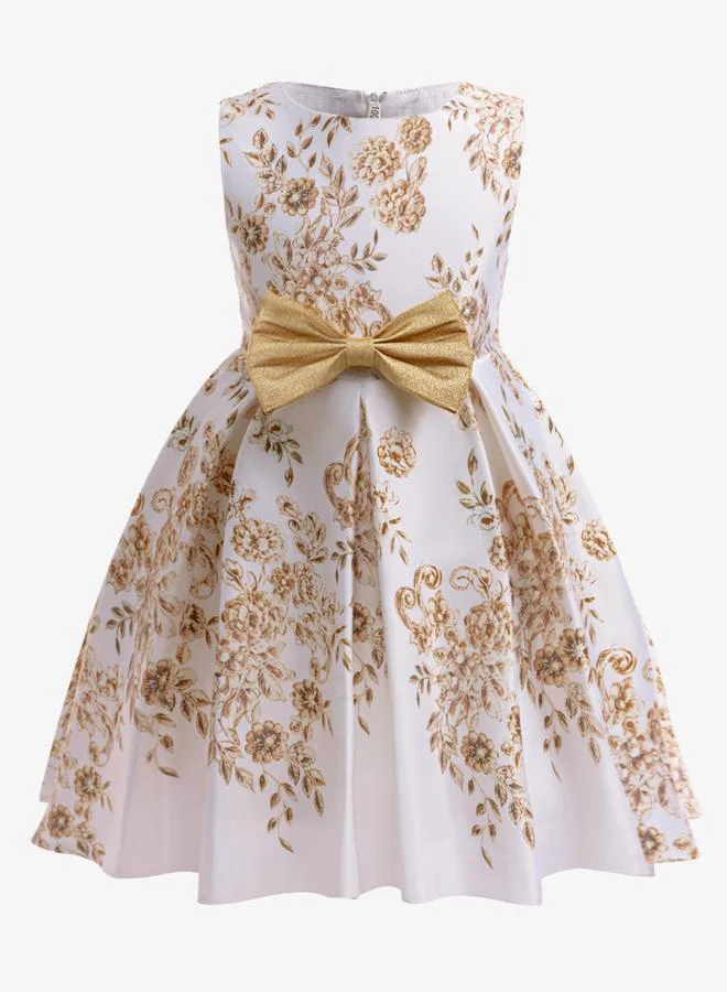 تايك تو Girls Floral Print Sleeveless Dress with Bow Detail