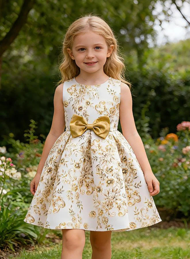 تايك تو Girls Floral Print Sleeveless Dress with Bow Detail