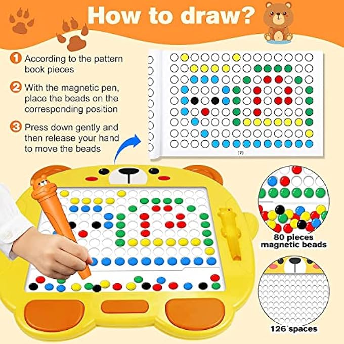 AM ANNA Magnetic Drawing Board for Kids, Magnetic Dot Art Drawing Board with Colorful Magnetic Beads and Pen, Travel Toys for Toddlers, Montessori Educational Preschool Toy for Ages 3+ Kids (80 Beads) - Image 4