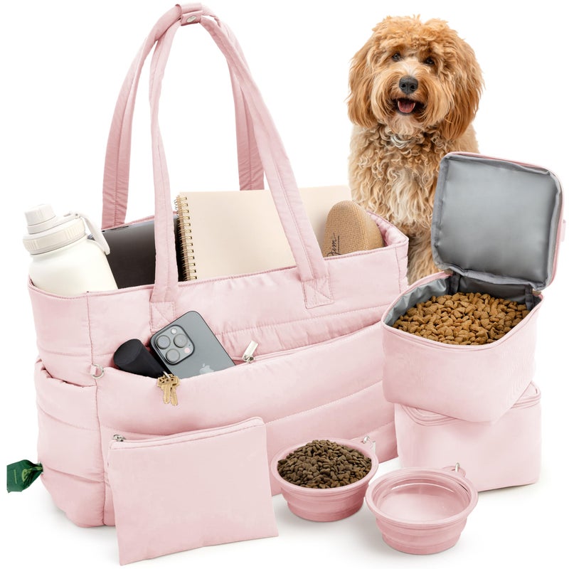 rubyloo Puffer Dog Travel Bag for Dog Moms â€“ Doggy Diaper Bag with Pet Bowls & Food Storage or Everyday Puffy Tote â€“ Doggy Mom Gifts for Women â€“ Lightweight, Travel-Ready Gift for Pet Lovers - Pink - Image 1