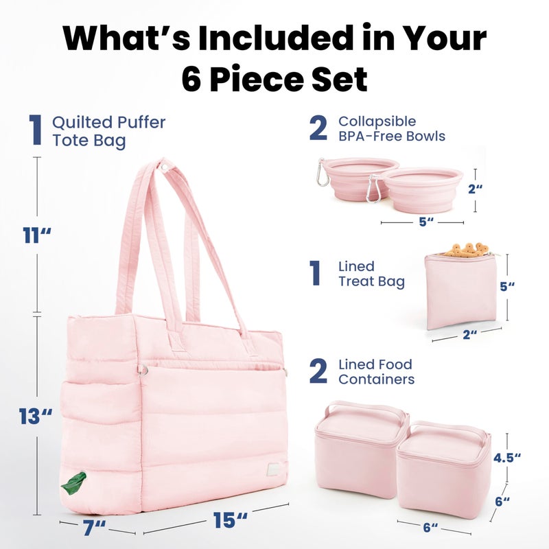 rubyloo Puffer Dog Travel Bag for Dog Moms â€“ Doggy Diaper Bag with Pet Bowls & Food Storage or Everyday Puffy Tote â€“ Doggy Mom Gifts for Women â€“ Lightweight, Travel-Ready Gift for Pet Lovers - Pink - Image 3