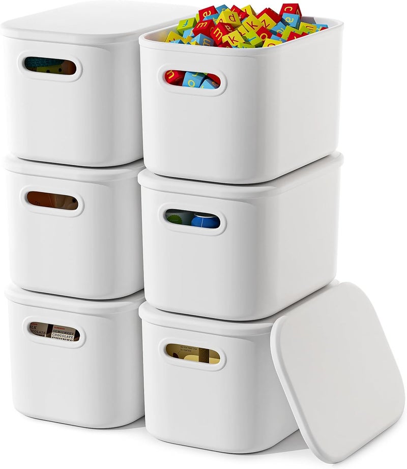 ORGIDOL 6 Pack White Storage Bins with Lids Stackable Storage Container for Organizing, Small Storage Boxes with Handle for Shelves, Cute Organizer Bins for Craft, Snacks, 9.85x6.9x5.7 inch - Image 1