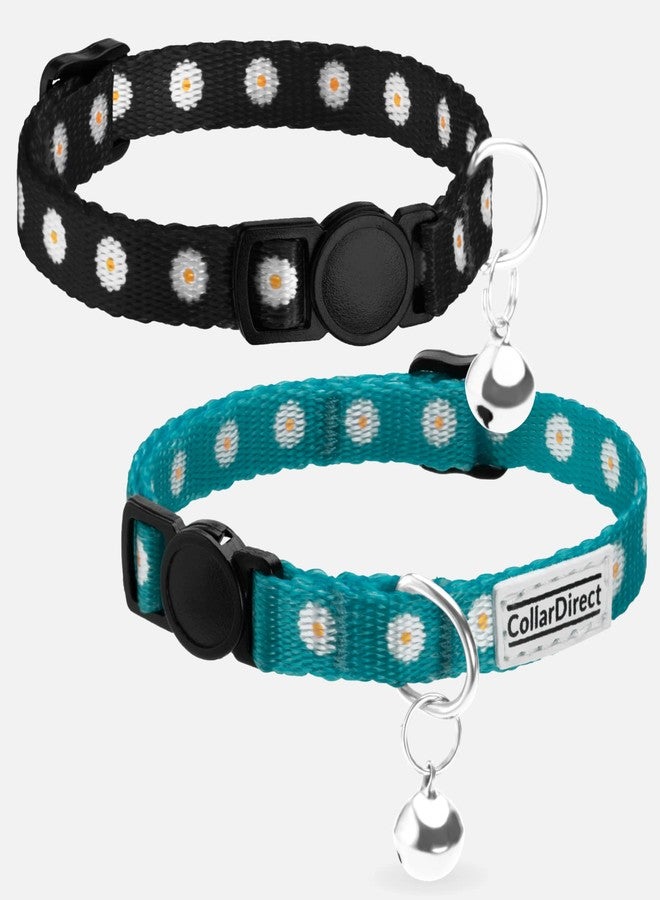 CollarDirect Cat Collar with Bell Floral Pattern 2 Pack Set Flower Adjustable Safety Breakaway Collars for Cats Kitten (Black + Green) - Image 3