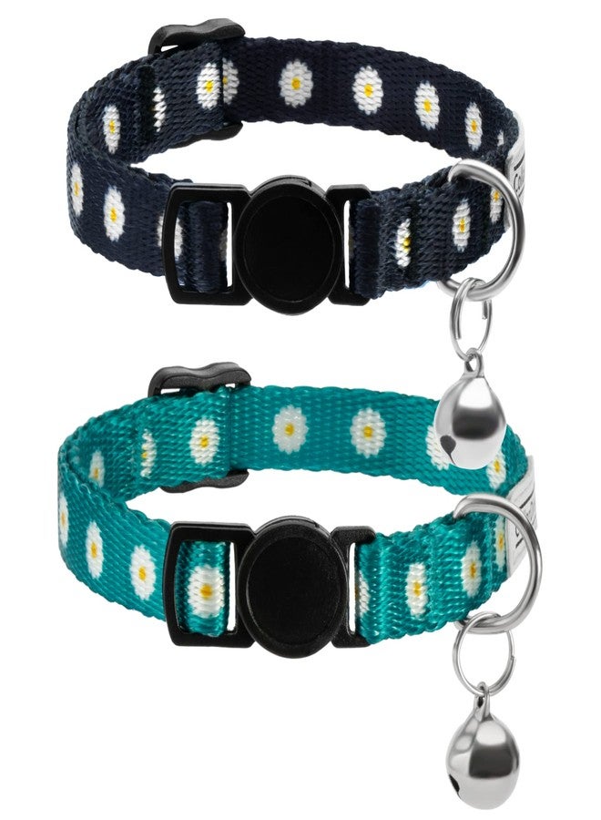 CollarDirect Cat Collar with Bell Floral Pattern 2 Pack Set Flower Adjustable Safety Breakaway Collars for Cats Kitten (Black + Green) - Image 1