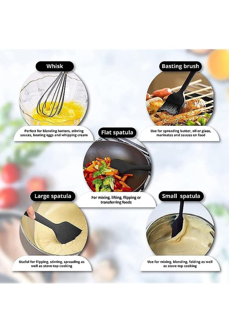 Silicone 11-Piece Cooking Utensil Set with Storage Bucket, Heat-Resistant Kitchenware with Natural Wood Handles, Non-Stick Cookware Set (Black).  - Image 5