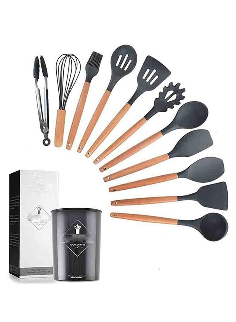 Silicone 11-Piece Cooking Utensil Set with Storage Bucket, Heat-Resistant Kitchenware with Natural Wood Handles, Non-Stick Cookware Set (Black).  - Image 1