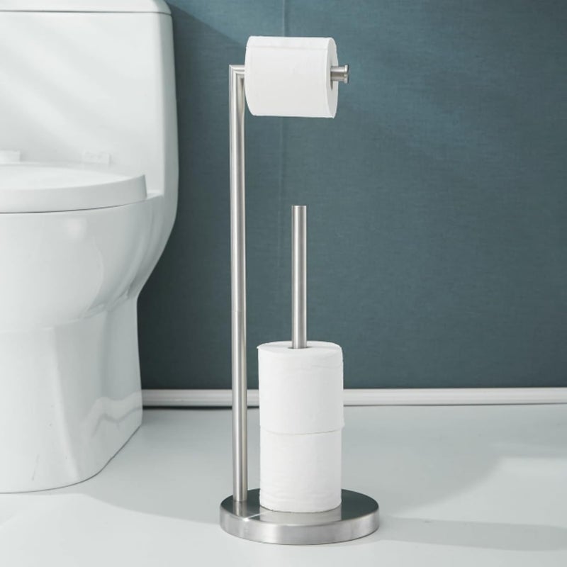 SHUNLI Free Standing Toilet Paper Holder with Reserve Storage,Bathroom Roll Holder Tissue Dispenser Floor Stand,Rustproof SUS 304 Stainless Steel (Brushed Nickel)