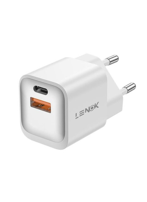 شاحن حائط من لينوك النوع USB-Cو USB ،بتقنية الشحن السريع مع منفذ مزدوج 20 وات ، منفذ للشحن السريع 3.0 متوافق مع آيفون 15 14 13 12 11 برو ماكس اكس ار اكس اس اكس 8 وايباد وسامسونج جالاكسي واندرويد(أبيض)