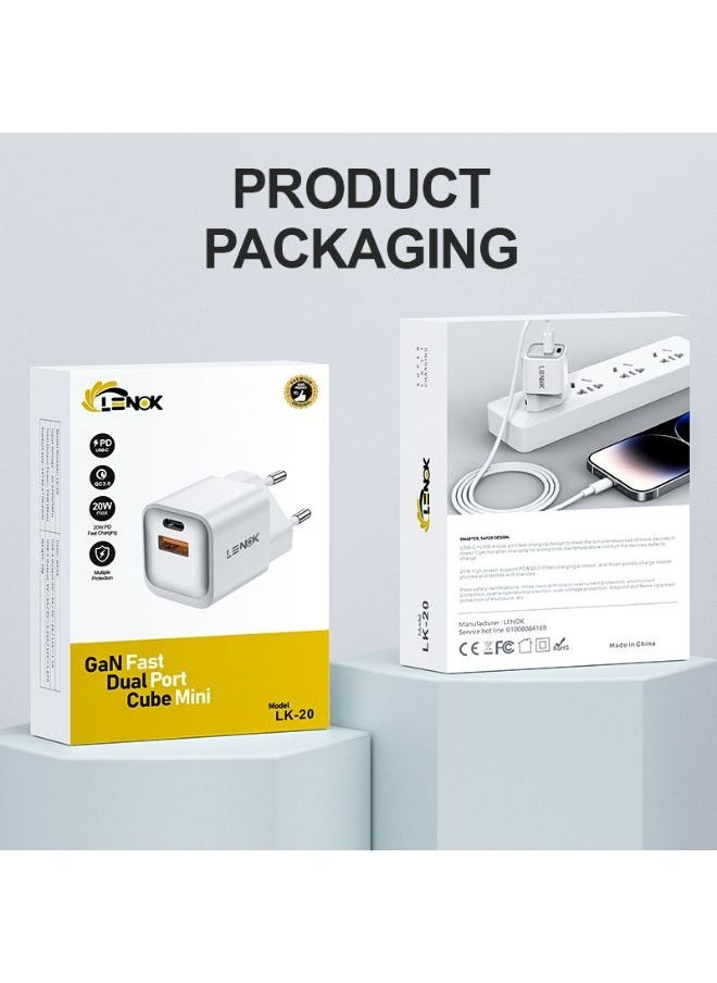 شاحن حائط من لينوك النوع USB-Cو USB ،بتقنية الشحن السريع مع منفذ مزدوج 20 وات ، منفذ للشحن السريع 3.0 متوافق مع آيفون 15 14 13 12 11 برو ماكس اكس ار اكس اس اكس 8 وايباد وسامسونج جالاكسي واندرويد(أبيض)