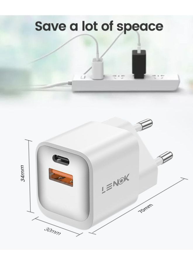 شاحن حائط من لينوك النوع USB-Cو USB ،بتقنية الشحن السريع مع منفذ مزدوج 20 وات ، منفذ للشحن السريع 3.0 متوافق مع آيفون 15 14 13 12 11 برو ماكس اكس ار اكس اس اكس 8 وايباد وسامسونج جالاكسي واندرويد(أبيض)