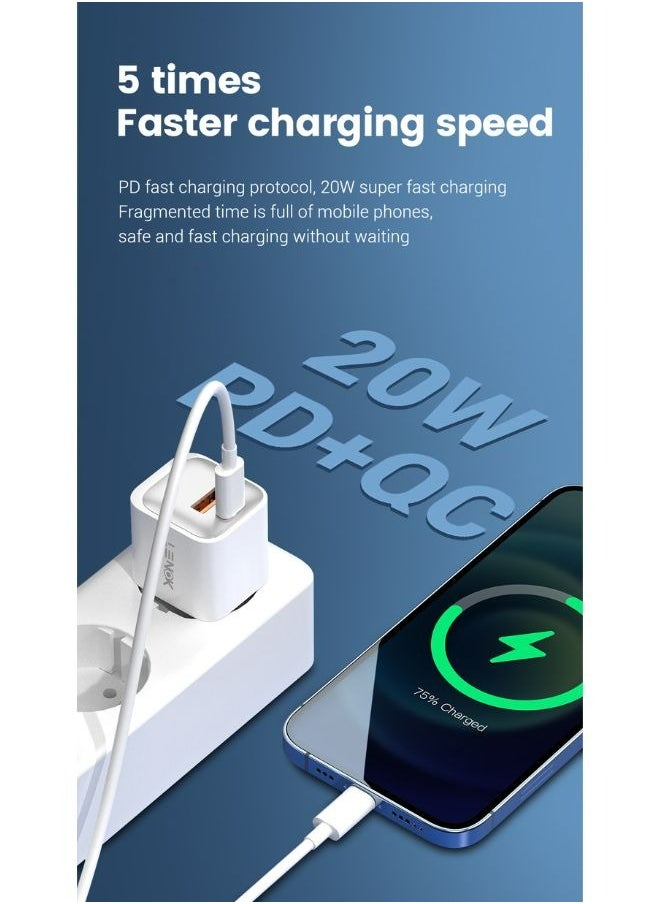 شاحن حائط من لينوك النوع USB-Cو USB ،بتقنية الشحن السريع مع منفذ مزدوج 20 وات ، منفذ للشحن السريع 3.0 متوافق مع آيفون 15 14 13 12 11 برو ماكس اكس ار اكس اس اكس 8 وايباد وسامسونج جالاكسي واندرويد(أبيض)
