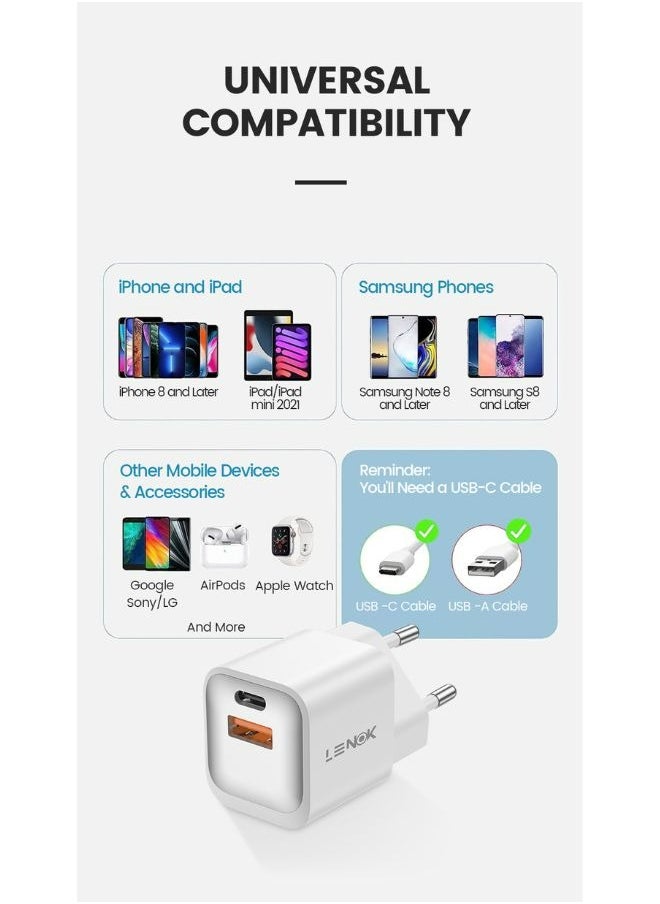 شاحن حائط من لينوك النوع USB-Cو USB ،بتقنية الشحن السريع مع منفذ مزدوج 20 وات ، منفذ للشحن السريع 3.0 متوافق مع آيفون 15 14 13 12 11 برو ماكس اكس ار اكس اس اكس 8 وايباد وسامسونج جالاكسي واندرويد(أبيض)