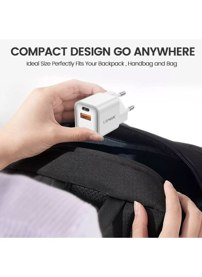 شاحن حائط من لينوك النوع USB-Cو USB ،بتقنية الشحن السريع مع منفذ مزدوج 20 وات ، منفذ للشحن السريع 3.0 متوافق مع آيفون 15 14 13 12 11 برو ماكس اكس ار اكس اس اكس 8 وايباد وسامسونج جالاكسي واندرويد(أبيض)