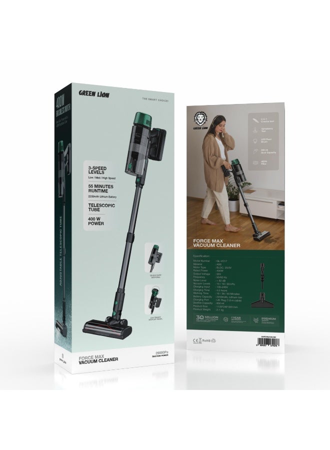 GREEN LION Force Max Cordless Vacuum Cleaner / HEPA Filter / 55min Working Time / LED Smart Display Panel / Low Noise / 29KPa High Pressure Vacuum / 800ml Dustbin Capacity / Upholstery Tool - Black - Image 3