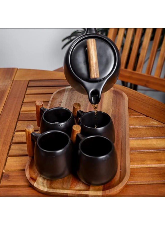 CERAMIC Luxury Ceramic Tea Set with Wooden Handle – 1 Kettle + 4 Cups - Image 1