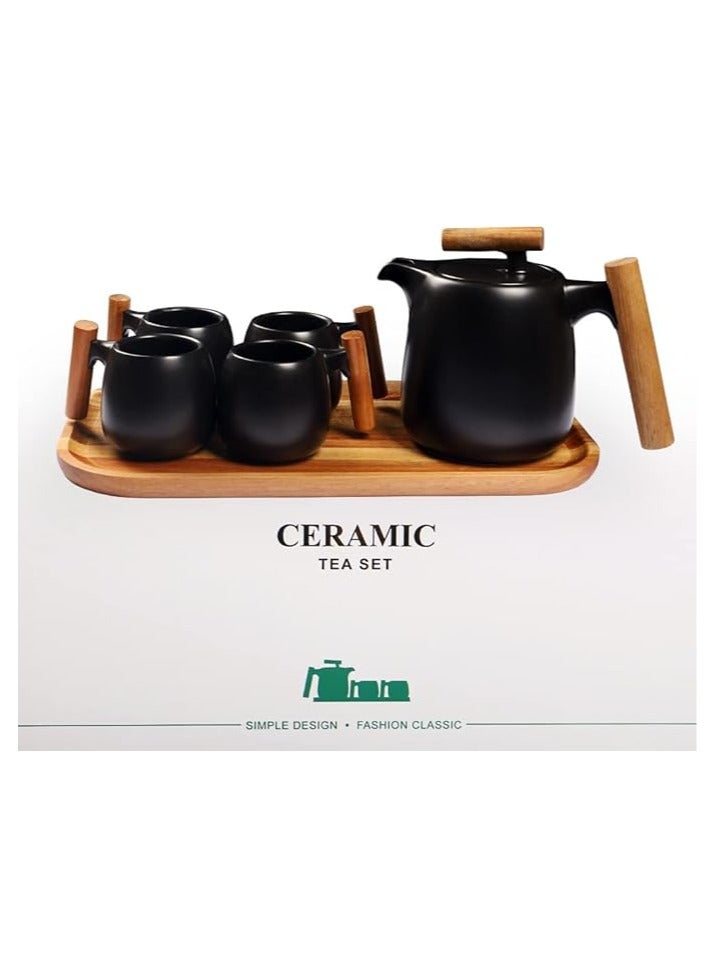 CERAMIC Luxury Ceramic Tea Set with Wooden Handle – 1 Kettle + 4 Cups - Image 2