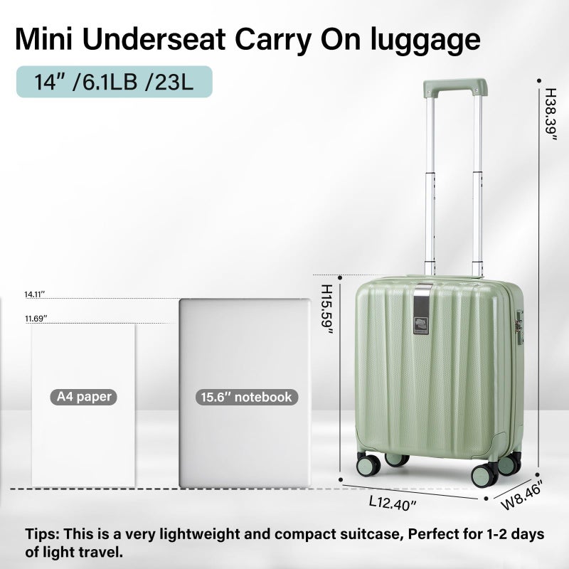 Hanke 14 Inch Underseat Carry On Luggage with Wheels Hard Shell Suitcases Carry On Bag Lightweight Small Mini Suitcase Travel Luggage for Travelï¼ˆBamboo Greenï¼‰ - Image 3