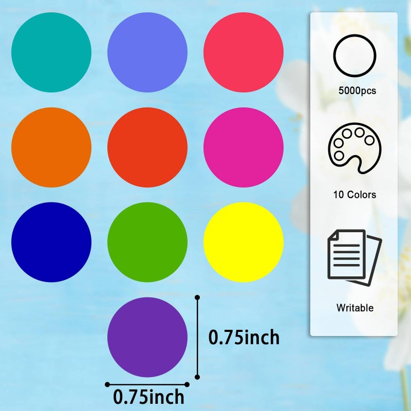 Dreecy 5000 PCS 3/4" Colored Dot Stickers Round Color Coding Labels Polka Circle Dot Label Sticker for Toddler, Office, Student, Classroom, Papers Etc(10 Rolls, 3/4 Inches) - Image 2