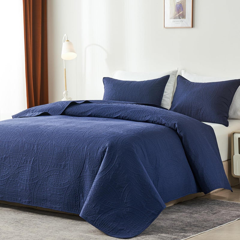 akkialla Queen Quilt Bedding Set Navy Blue Ultrasonic Full/Queen Quilt Set Lightweight Soft Bedspread Coverlet Modern Style Coin Pattern Bed Cover for All Seasons 3 Piece(1 Quilt 2 Pillow Shams) - Image 2