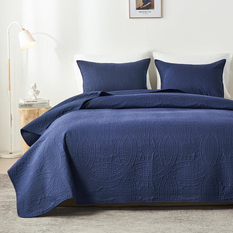 akkialla Queen Quilt Bedding Set Navy Blue Ultrasonic Full/Queen Quilt Set Lightweight Soft Bedspread Coverlet Modern Style Coin Pattern Bed Cover for All Seasons 3 Piece(1 Quilt 2 Pillow Shams) - Image 1