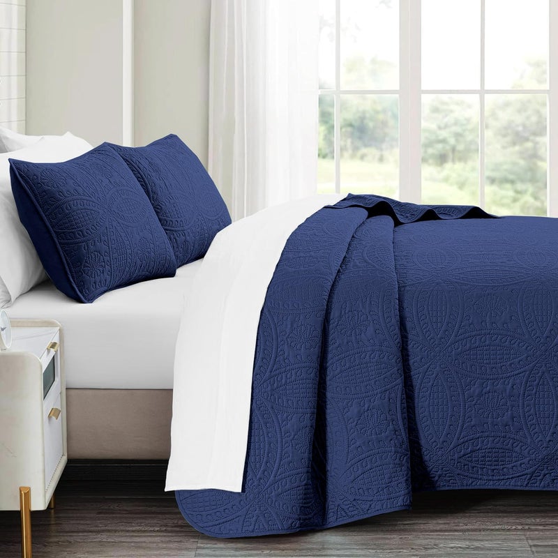 akkialla Queen Quilt Bedding Set Navy Blue Ultrasonic Full/Queen Quilt Set Lightweight Soft Bedspread Coverlet Modern Style Coin Pattern Bed Cover for All Seasons 3 Piece(1 Quilt 2 Pillow Shams) - Image 4