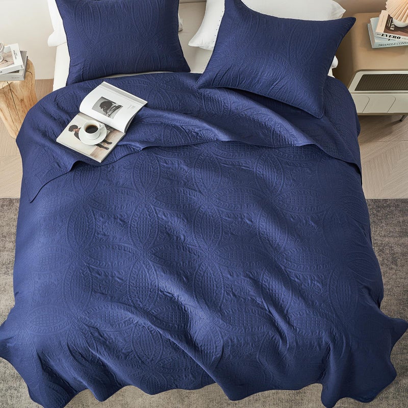 akkialla Queen Quilt Bedding Set Navy Blue Ultrasonic Full/Queen Quilt Set Lightweight Soft Bedspread Coverlet Modern Style Coin Pattern Bed Cover for All Seasons 3 Piece(1 Quilt 2 Pillow Shams) - Image 3