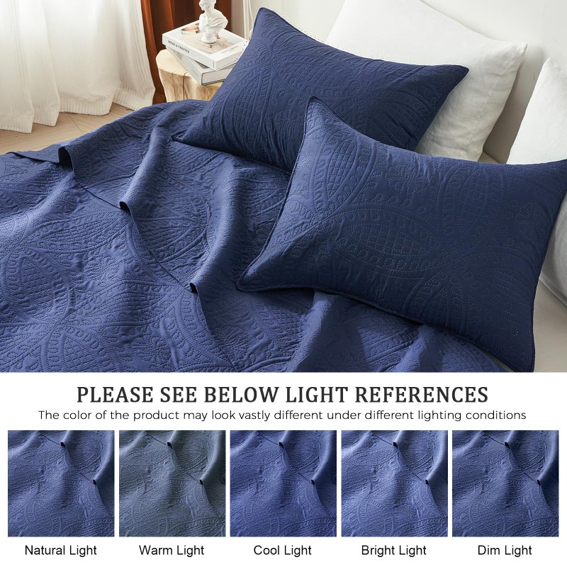 akkialla Queen Quilt Bedding Set Navy Blue Ultrasonic Full/Queen Quilt Set Lightweight Soft Bedspread Coverlet Modern Style Coin Pattern Bed Cover for All Seasons 3 Piece(1 Quilt 2 Pillow Shams) - Image 5