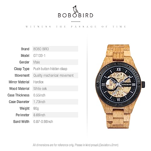 BOBO BIRD Mens Wood Watches Skeleton Mechanical Wooden Watch Lightweight Luxury Wristwatches with Natural Wood Band of Limited Edition Collection for Men (Black) - Image 5