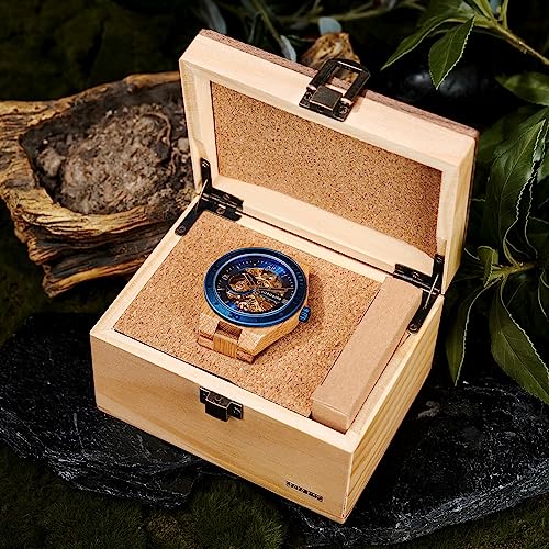BOBO BIRD Mens Wood Watches Skeleton Mechanical Wooden Watch Lightweight Luxury Wristwatches with Natural Wood Band of Limited Edition Collection for Men (Black) - Image 4