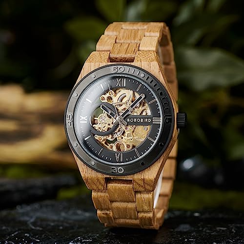 BOBO BIRD Mens Wood Watches Skeleton Mechanical Wooden Watch Lightweight Luxury Wristwatches with Natural Wood Band of Limited Edition Collection for Men (Black) - Image 2