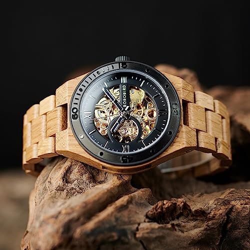 BOBO BIRD Mens Wood Watches Skeleton Mechanical Wooden Watch Lightweight Luxury Wristwatches with Natural Wood Band of Limited Edition Collection for Men (Black) - Image 3