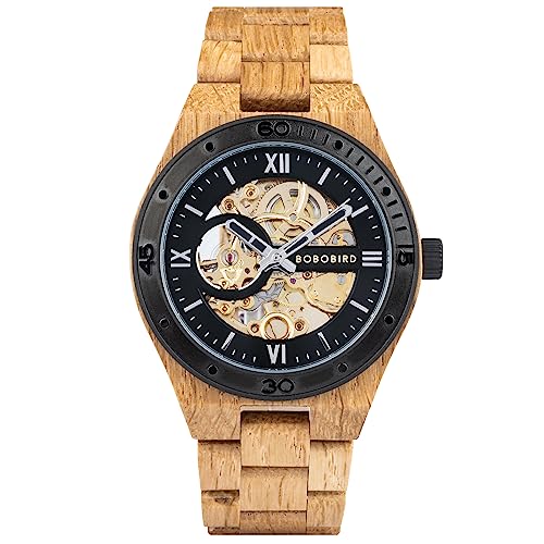 BOBO BIRD Mens Wood Watches Skeleton Mechanical Wooden Watch Lightweight Luxury Wristwatches with Natural Wood Band of Limited Edition Collection for Men (Black) - Image 1