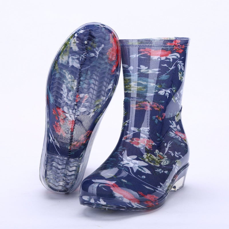 Korean Style Fleece-lined Mid-barrel Fashion Rain Boots Womens Outerwear New Fashionable Crystal Work Womens Rain Boots203 pattern Blue 203 pattern Blue 