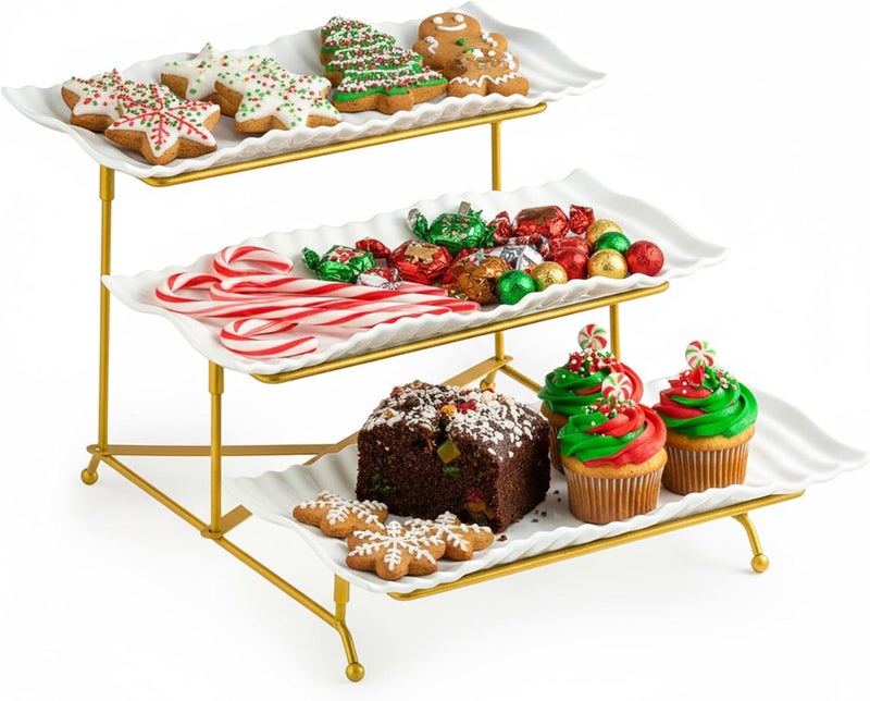 LAUCHUH 3 Tier Trays Stand, Porcelain Serving Trays Collapsible Sturdier Stand Serving Platters Dessert Table Display Set for Indoor Party, Entertaining, Thanksgiving, Christmas, Gold, 12.2 Inch - Image 1