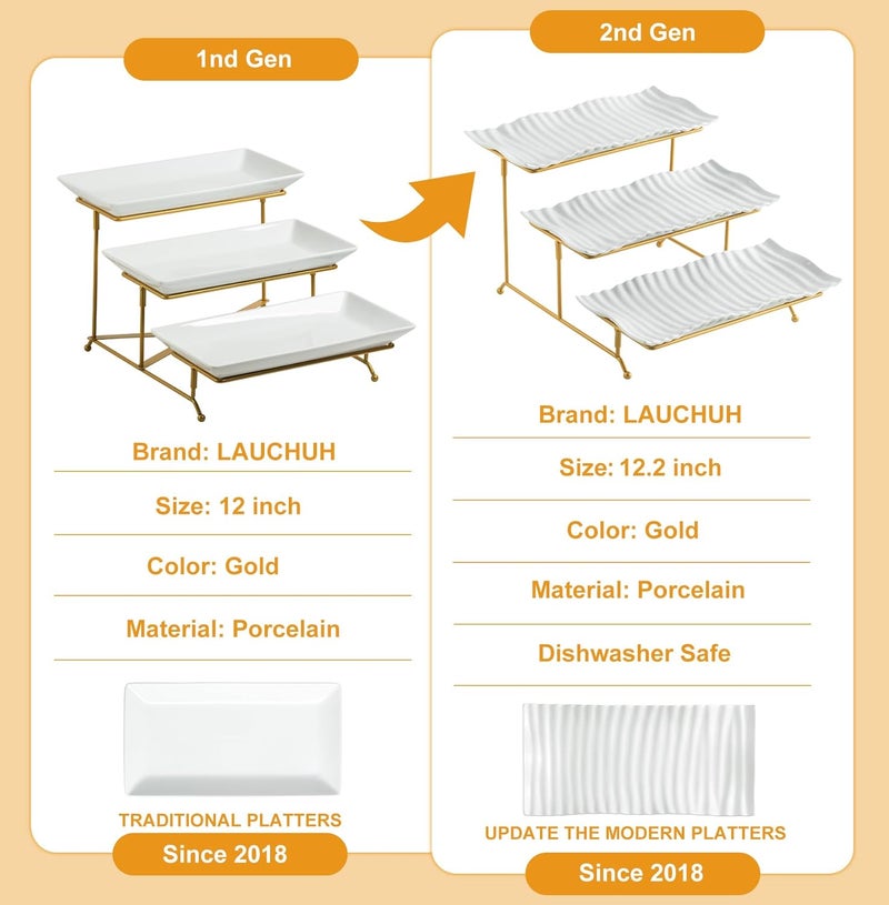 LAUCHUH 3 Tier Trays Stand, Porcelain Serving Trays Collapsible Sturdier Stand Serving Platters Dessert Table Display Set for Indoor Party, Entertaining, Thanksgiving, Christmas, Gold, 12.2 Inch - Image 3