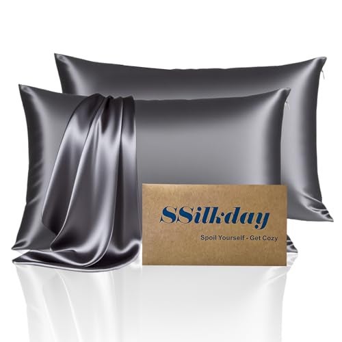 SSilkday Mulberry Silk Pillow Cases 2 Pack Standard Size with Zipper, Ultra Smooth Soft Breathable Cooling Pillow Cases for Hot Sleepers, Silk Satin Pillowcase for Hair and Skin Set of 2, Gifts for Women - Image 1