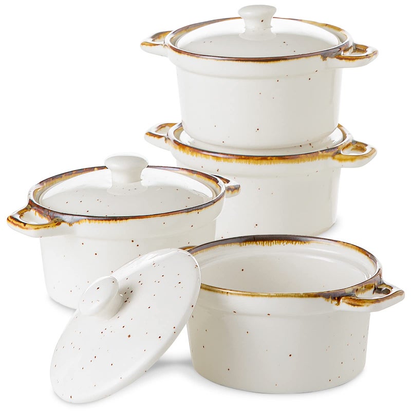 ONEMORE Ramekins with Lids 12 oz Ceramic Small Casserole Dish with Handles  Brown Rim for Baking Soup Speckled Oven Safe Mini Dutch Oven Rustic Cocotte Set of 4 for Individual Serving Creamy White