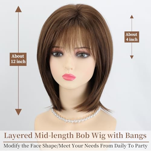 RENERSHOW Layered Midlength Brown Bob Wig with Bangs Straight 12 inch Synthetic Hair Wigs for Women Mix Color Natural Average Size Daily Party Wig - Image 3