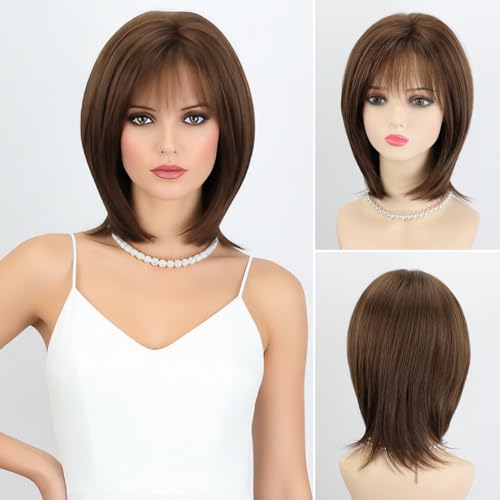 RENERSHOW Layered Midlength Brown Bob Wig with Bangs Straight 12 inch Synthetic Hair Wigs for Women Mix Color Natural Average Size Daily Party Wig - Image 1