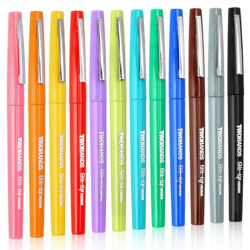 TWOHANDS Felt Tip Pens, 0.7mm Medium Point Fineliner Pens, Assorted Colors No Bleed Felt Pens for Journaling, Coloring, Note Taking, Planner, 12-pack 22004 - Image 1